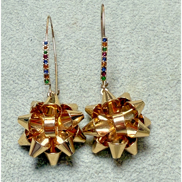 Betsey Johnson Jewelry - Betsey Johnson Rhinestone Christmas Gift Bow Present Dangle Earrings Gold Tone